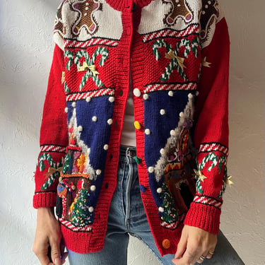Vintage 90s 'Marisa Christina' Red Gingerbread House Holiday Cardigan Christmas Novelty Knit Sweater / Medium - Large 