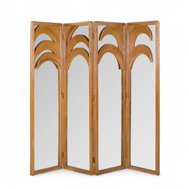 Vivai del Sud Mid Century Italian Bamboo Rattan Palm Tree Folding Screen Mirror - mcm 