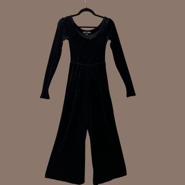 Vintage 90s Betsey Johnson Black Crushed Velvet Jumpsuit, Wide Leg, Flared, Palazzo leg 