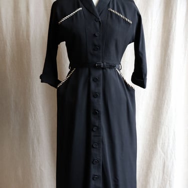 1940s Stripe Trim Rayon Button Dress S/M