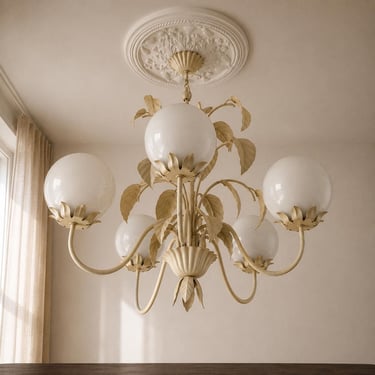 Rarity! Original Art Nouveau light, lamp, pendant light, ceiling light, hanging light, opal glass with leaf motif, 1920 