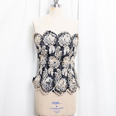 90s Black Gold Sequin Corset Top Vintage 1980s Gunne Sax Embroidered Taffeta Sleeveless Blouse 