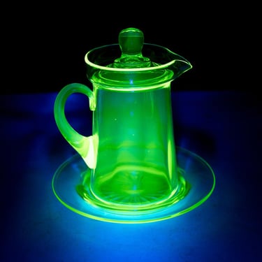 Vintage Uranium Glass Pitcher with Lid and Plate, Creamer, Syrup 