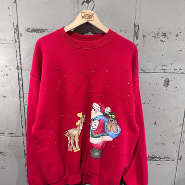 Vintage 90s Christmas Holiday Party Homemade Patchwork Santa and Reindeer Cute Grandma Sweatshirt XLarge 