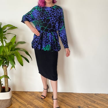 1980s Silk peplum giraffe print dress, sz. M