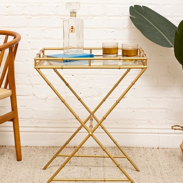 Vintage Faux Bamboo Brass & Glass Tray Table