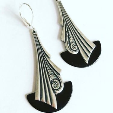 Art deco earrings Vintage Art Deco chic Black bakelite and silver plated Geometric fan earrings bakelite Modernist earrings by BakeliteBa