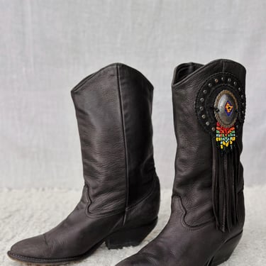 Vintage Zodiac USA Black Leather Cowgirl Boots Size 7 – Buttery Western Boots with Beaded Fringe Concho Detail 