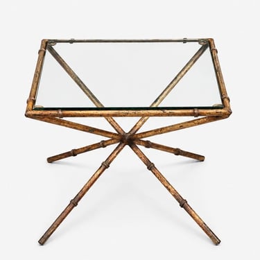 Vintage French Hollywood Regency Faux Bamboo Gilt Iron & Glass Side Table, c.1960’s 