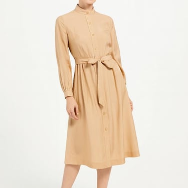 Vintage 1970s New Threads Silk Shirt Dress, Khaki Fit & Flare Belted Waist Midi 