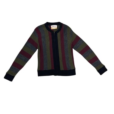 1950s Jantzen Canandiens Striped Zip Front Cardigan / Jacket / Colorblocked / Grunge / Medium / Olive / Virgin Wool / M / Beatnik 