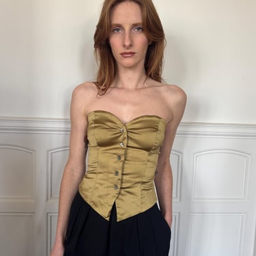 1990s Romeo Gigli bustier, beautiful holding chartreuse satin, buttoned front, stretchy / xs - small 