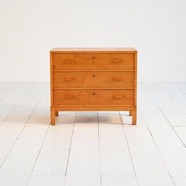 Art Deco Flame Birch Chest of Drawers, 1930s Scandinavian Cabinet, Vintage Nordic Dresser with 3 Drawers 