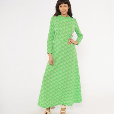 70s Green Maxi Dress White Sun Cloud Print Long Sleeve Fitted Waist Floor Length Knit Pattern Vintage Spring Summer Groovy Mint Lime Small S 