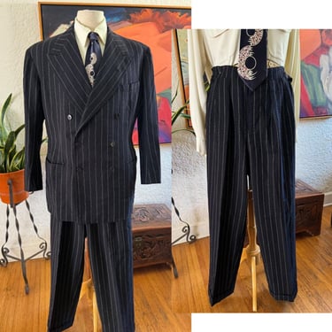 Rare Vintage 1953 Black  Double Breasted Pinstripe Suit by Anderson & White of London ! 