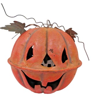VTG Metal Jack O Lantern Pumpkin Bell Halloween Decor Rusty Primitive Fall 