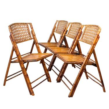 Vintage 1970s Coastal Rattan Bamboo Folding Bistro Chairs – Set of 4