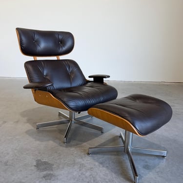 Mid Century Modern Eames Style Lounge Chair and Ottoman, Brown Leather and Oak c.1960’s -Shipping Not Free, Msg for Estimate 