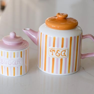 Vintage Jonathan Adler Happy Home Sweet Shoppe Teapot & Sugar Set | Pink Orange Striped Dopamine Decor | 2004 Ceramic Tea Canister 