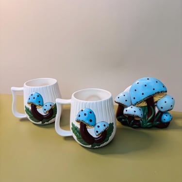 Vintage Arnels Mushroom Mug Set with Matching Napkin Holder - Blue Toadstool Kitchen Decor - Retro Woodland Cottagecore Serving Set 