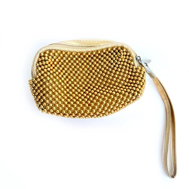 Vintage Gold Beaded Clutch, Wristlet Purse, Stud Coin Purse, Metallic Small Purse 90s Pouch 