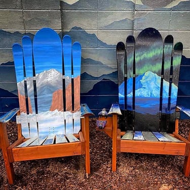 Set of 2 - Patio Chairs with real skis hand painted Garden of the Gods Snowy Mountain mural & Denali with Northern Lights 
