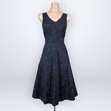Vintage 90s J Crew Black Laser Cut Bamboo Cotton Fit Flare Dress 4 VFG 