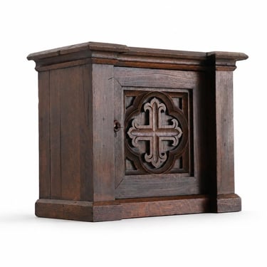 Antique Gothic Oak Tabernacle Cabinet | Hand Carved Church Cabinet with Key 