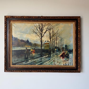 Large R. Champignon European Paris Street Scene Impressionist Oil on Canvas Painting – Framed 