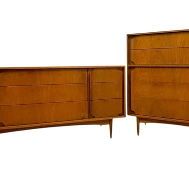 Free shipping within continental US - Mid-Century Modern Matching Dresser Set with Sculpted Drawer Fronts-Highboy & 9-Drawer Low Dresser 