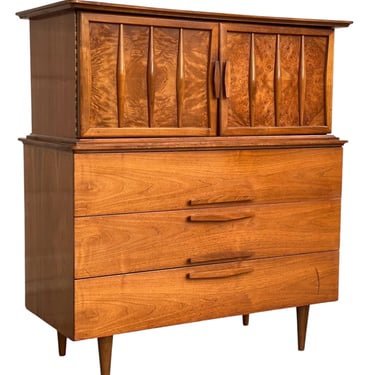 Midcentury Modern Tallboy Walnut Dresser With Burlwood Doors 