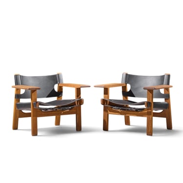 Børge Mogensen for Fredericia Mid Century Oak and Leather Spanish Chairs - Pair - mcm 