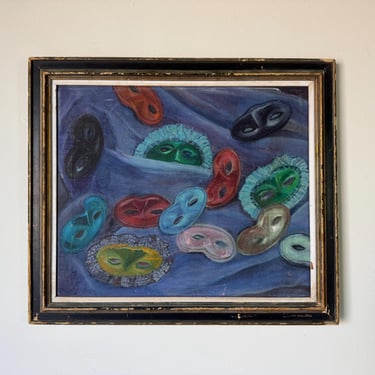 1960s Vintage Surrealist - “Masquerade”  Oil on Canvas Painting by Dudie – Framed 