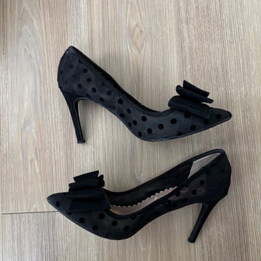 Betsey Johnson Heels Black Polka Dot Mesh Bow Womens 7.5 Retro Y2K Classic 