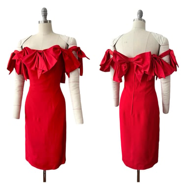 80s Red Victor Costa BOWED Wiggle Dress / 1980s Vintage Cocktail Party Dress / Medium / Size 6 