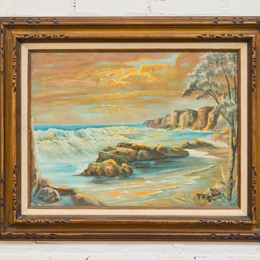 Signed Vintage Coastal Sunset Oil Painting in Ornate Wood Frame By “Richard Thomas”