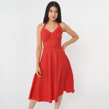 Vintage 50s Red Halter Neck Dress Mid Century Sundress 1950s Bombshell Rockabilly High Waisted Summer Sun Dress Full Skirt XXS 22 Waist 