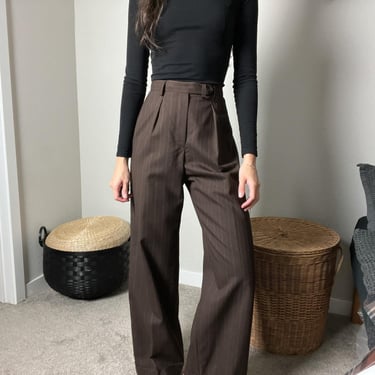 90s vintage ralph lauren brown pinstriped wool high waisted rise straight wide leg pleated front trousers pants 