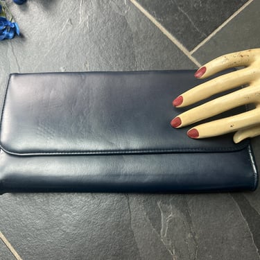 Vintage 1970s Navy Blue Faux Leather Large Clutch Bag 