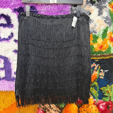Vintage 90s Betsey Johnson black fringe skirt with beaded waistband / large 