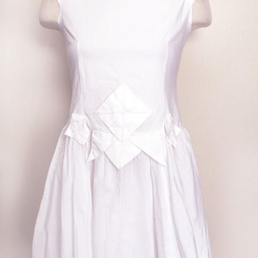 Junior Gaultier White Cotton Poplin Origami Babydoll Dress, Fit and Flare, SMALL, 12A, Jean Paul Gaultier Designer Summer Shift Sun Dress 