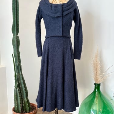 Vintage 1980s Dress / 80s Lyn Kohls Wool Dress and Jacket Set / Navy Blue ( XS ) 