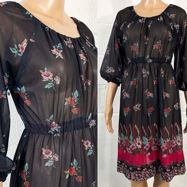 Vintage Floral Dress Sheer Peasant Sleeves Black Pink Wedding Bridesmaid 1980s Medium 