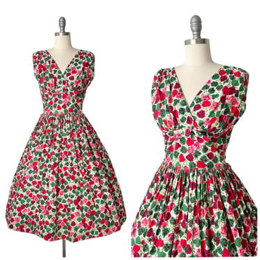 50s Rose Floral Cotton Day Dress / 1950s Vintage Sun Summer Dress / Medium / Size 8 
