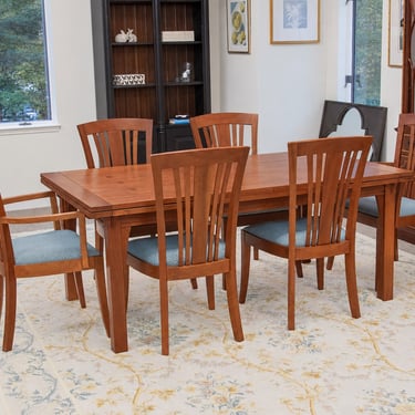 Stickley Mission Drawtop Dining Table in Cherry & Set of 6 Bayonne Dining Chairs