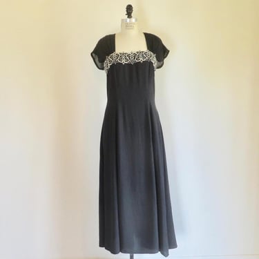1940's Style Black Rayon Long Formal Dress White Lace Trim Open Back Liz Claiborne 80's does 40's Size Medium 