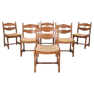 Set of Six French Brutalist Razor Blade Oak Rush Dining Chairs