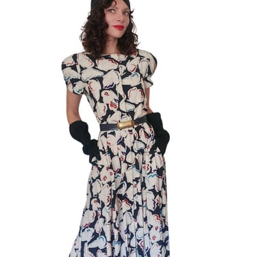 Vintage 1980s Krizia Dress Silk Abstract Print Puff Sleeves Open Back Midi IT 40 