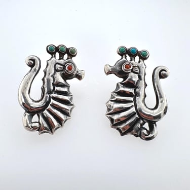Vintage Sterling Silver Turquoise Coral Seahorse Pierced Earrings Signed IRG Mexico 