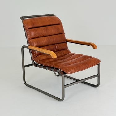 Mid-Century tubular Bauhaus Lounge Chair Cognac leather Germany 